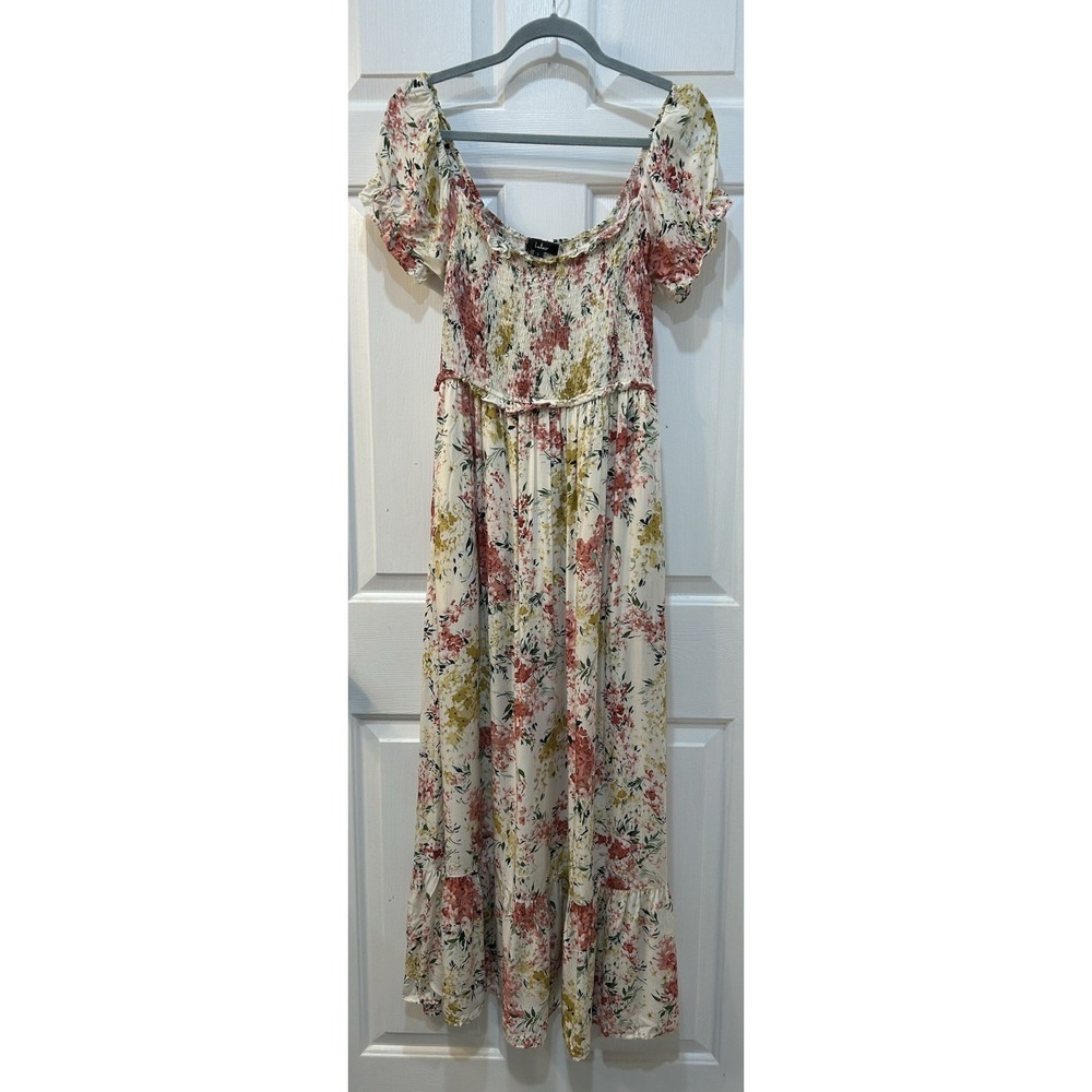 Lulus‎ Always So Sweet Cream Floral Smocked Puff Sleeve Maxi Dress Sz L Cottage